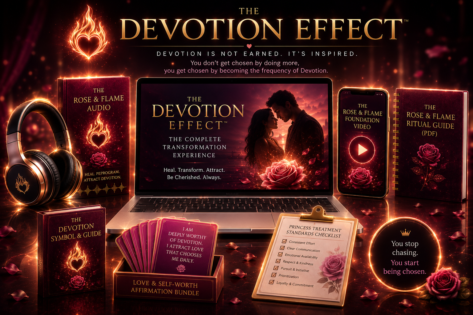 The Devotion Effect complete bundle: Rose & Flame audio, foundation video, ritual guide PDF, affirmation cards, and Princess Treatment checklist